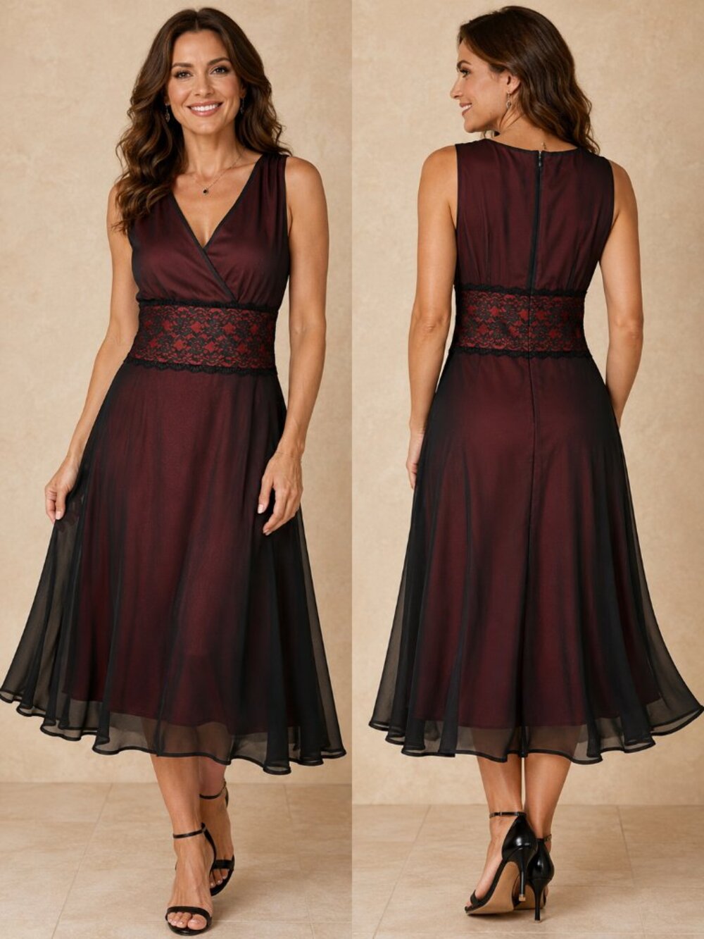 Connected Womens Dress 14 Black Red Sheer Overlay Lace Midi V-Neck Babydoll